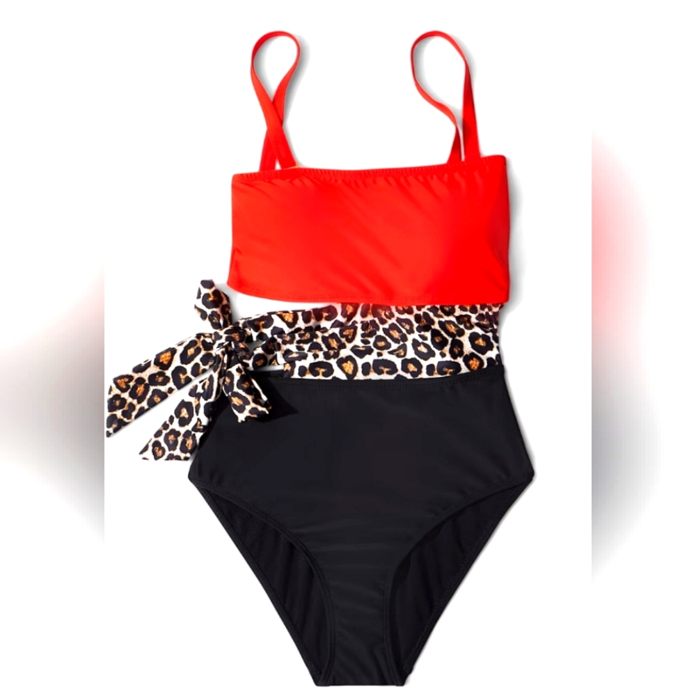 Leopard-Print Colorblock Side-Tie Cut-Out One-Piece Swimsuit